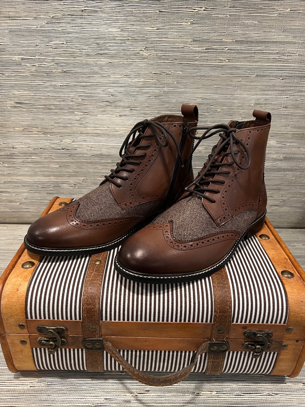 Men's Brown Leather Wingtip Chukka Boots with Herringbone Panels